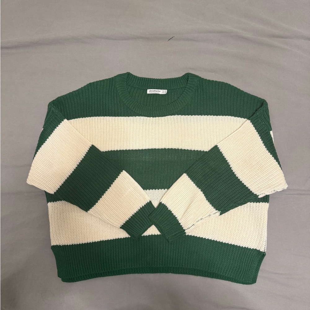 Stradivarius Forest Green and Cream Striped Sweater